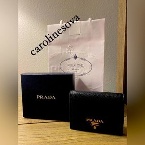 Prada Black Leather Compact Wallet with Gold Logo